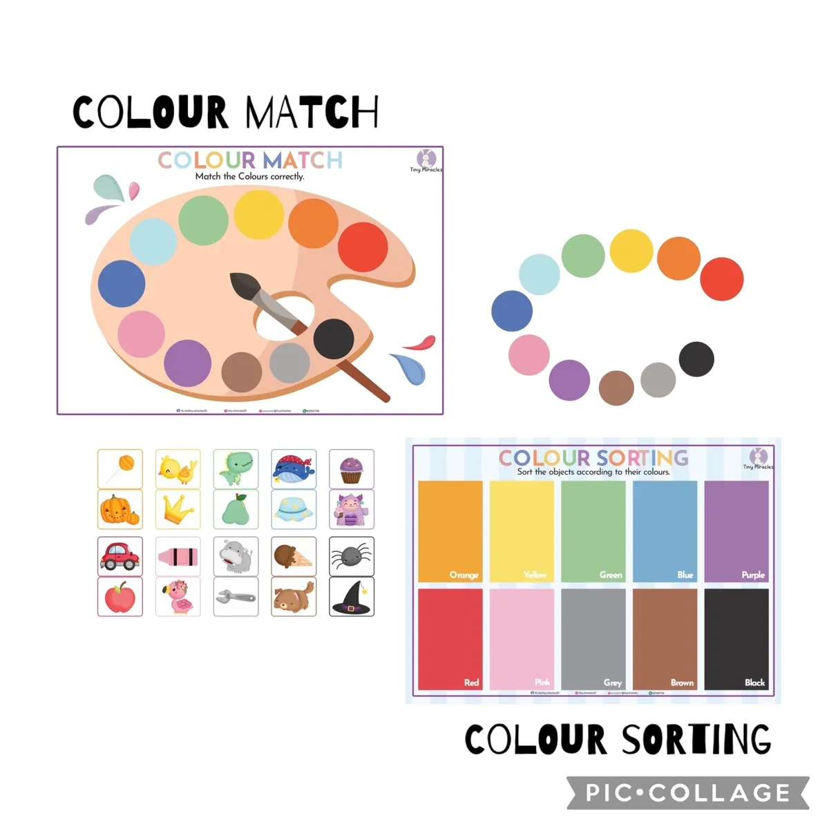 Color matching and sorting educational tools for children on a white background.