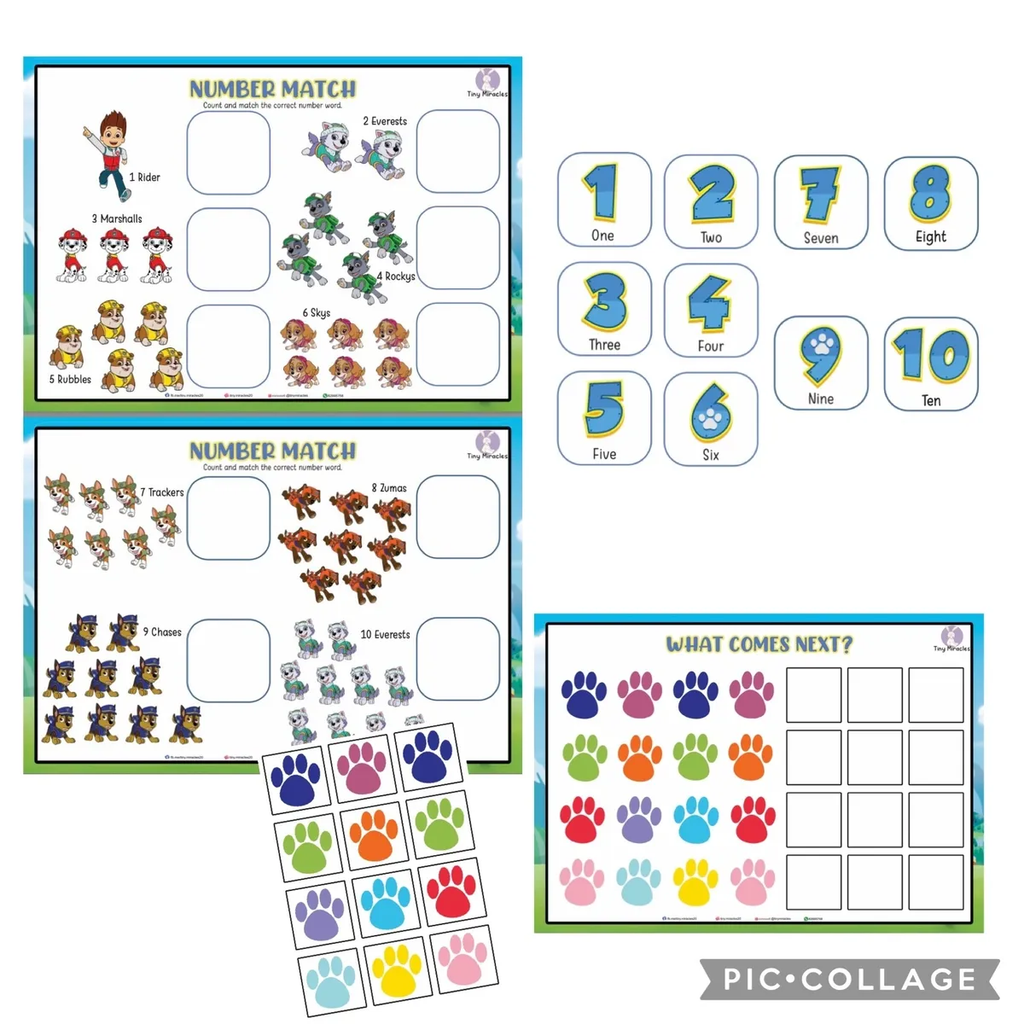 Educational children's worksheets with number matching and paw print patterns on a white background.