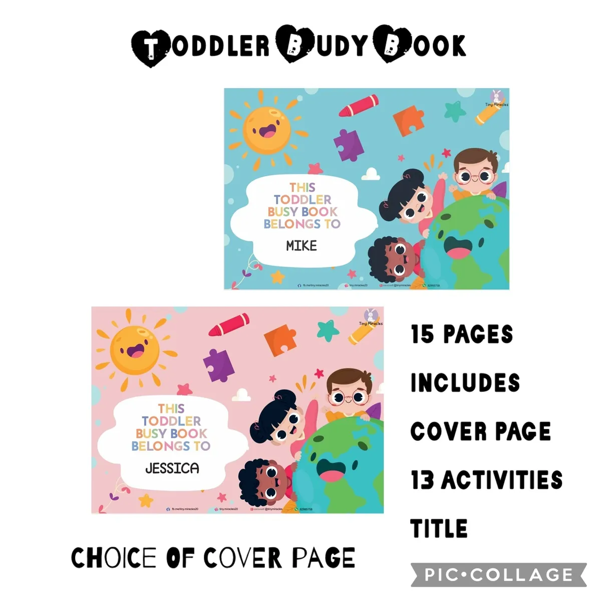 Two colorful toddler busy books with customizable cover pages on a white background.
