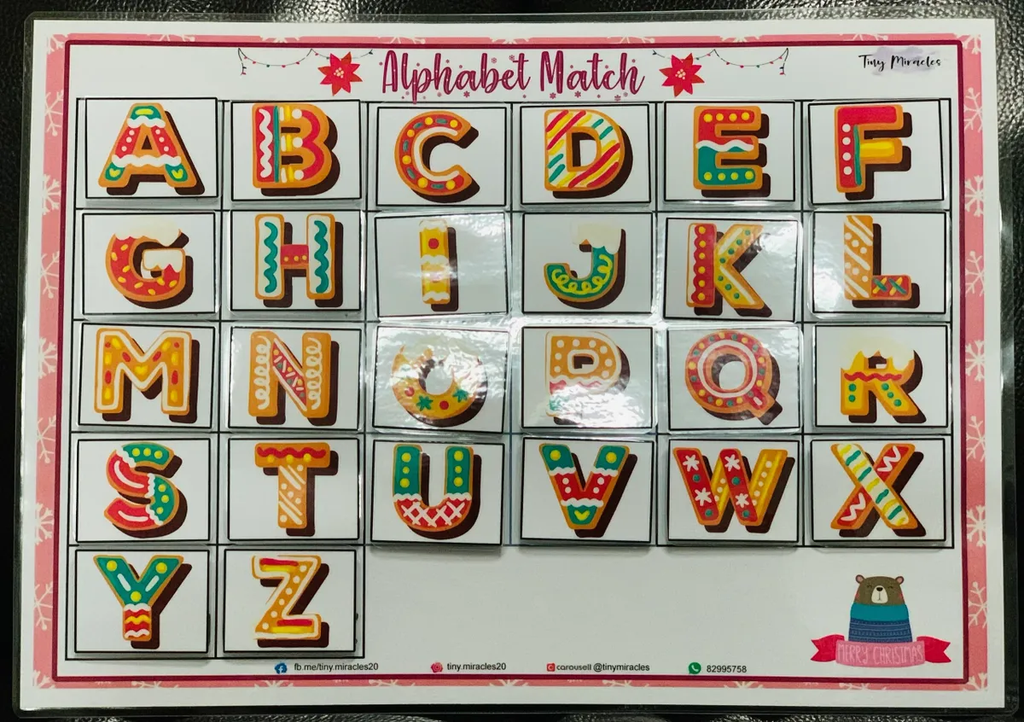 Alphabet matching game with colorful letters on a white background