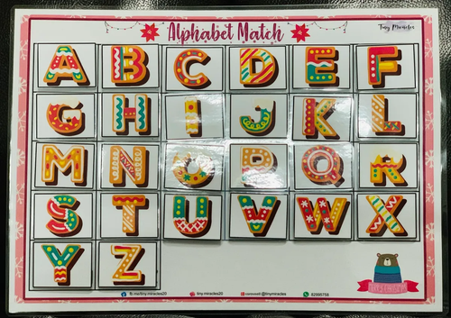 Alphabet matching game with colorful letters on a white background