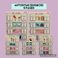 Educational material for antonyms in English and Chinese on a purple background