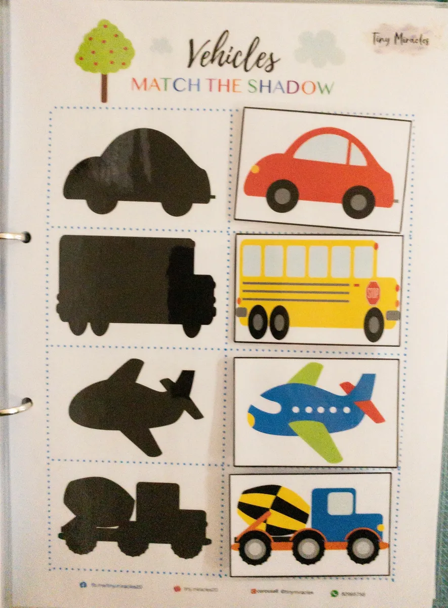 Educational children's activity book with vehicle illustrations and shadows to match.