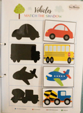 Educational children's activity book with vehicle illustrations and shadows to match.
