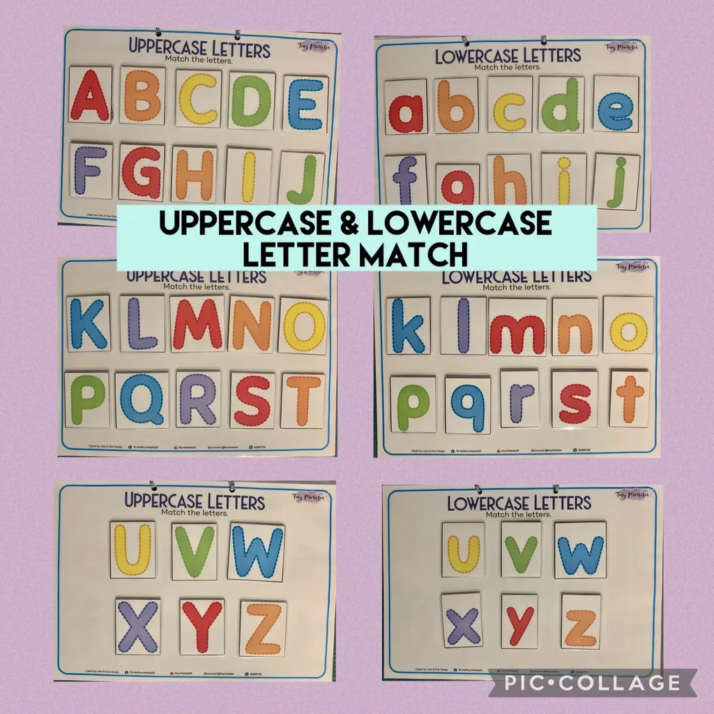 Educational posters for uppercase and lowercase letter match on a pink background