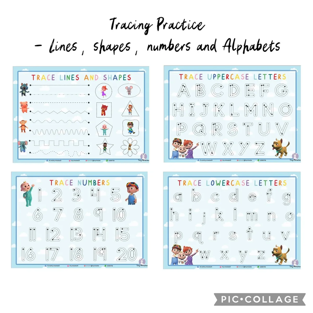 Set of educational tracing worksheets for lines, shapes, numbers, and alphabets on a white background.