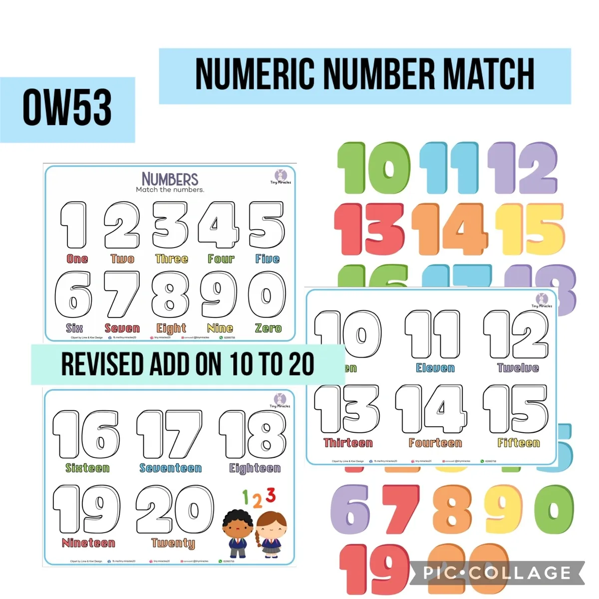 Educational materials for learning numbers with colorful and clear text.