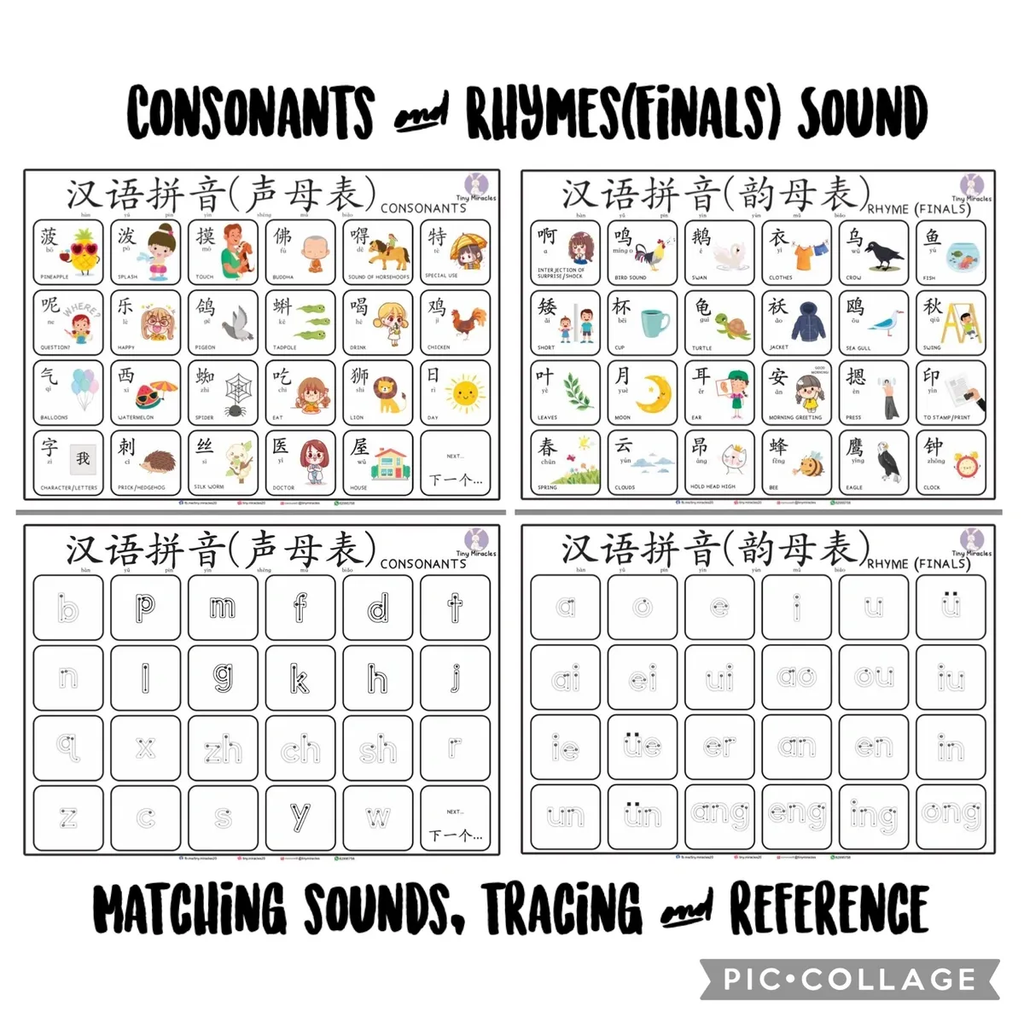 Educational chart with consonants and rhymes finals sound for matching, tracing, and reference.