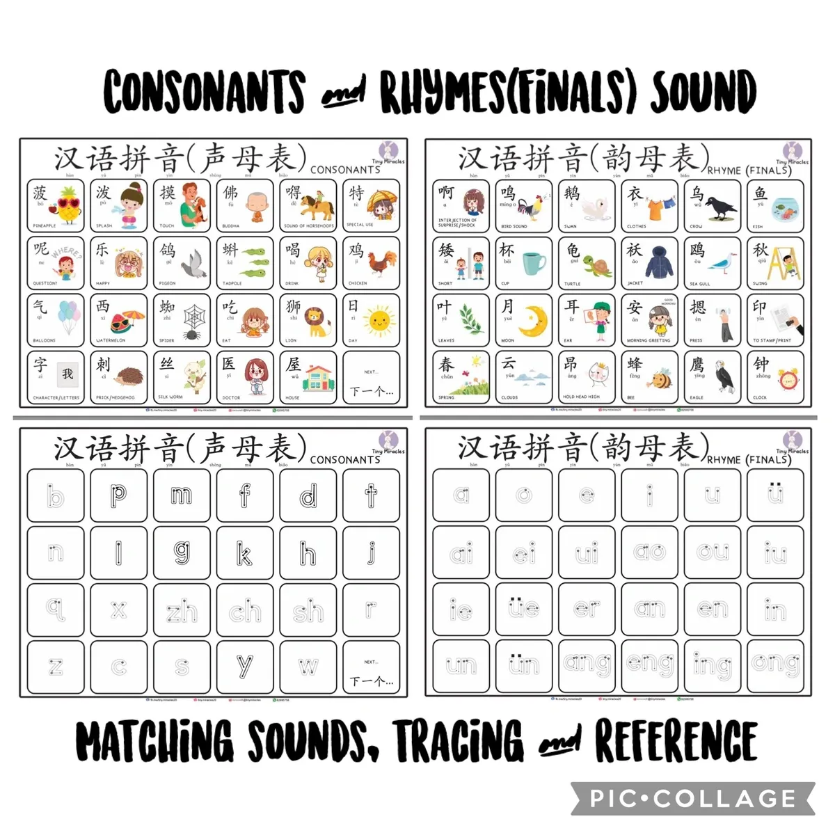 Educational chart with consonants and rhymes finals sound for matching, tracing, and reference.