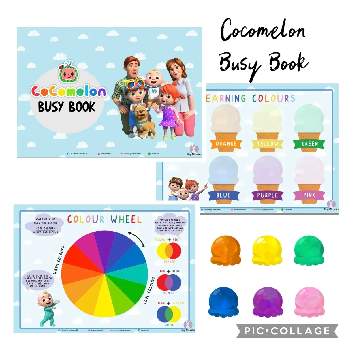 Cocomelon Busy Book with educational pages on colors and a color wheel.