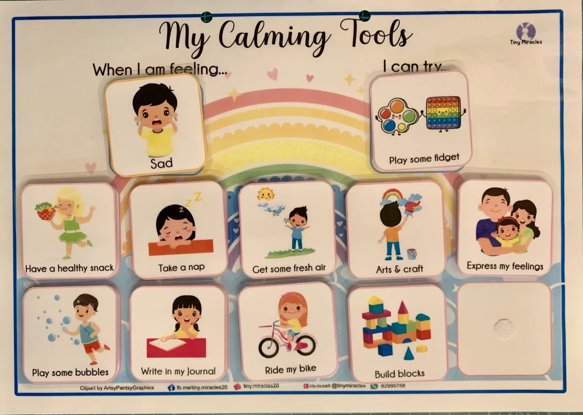 Board game titled 'My Calming Tools' with various activities for different emotions, featuring colorful illustrations.