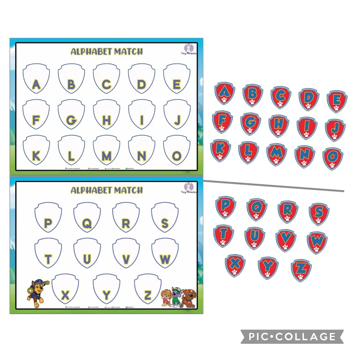 Alphabet matching game with Paw Patrol theme, featuring letters and character logos.