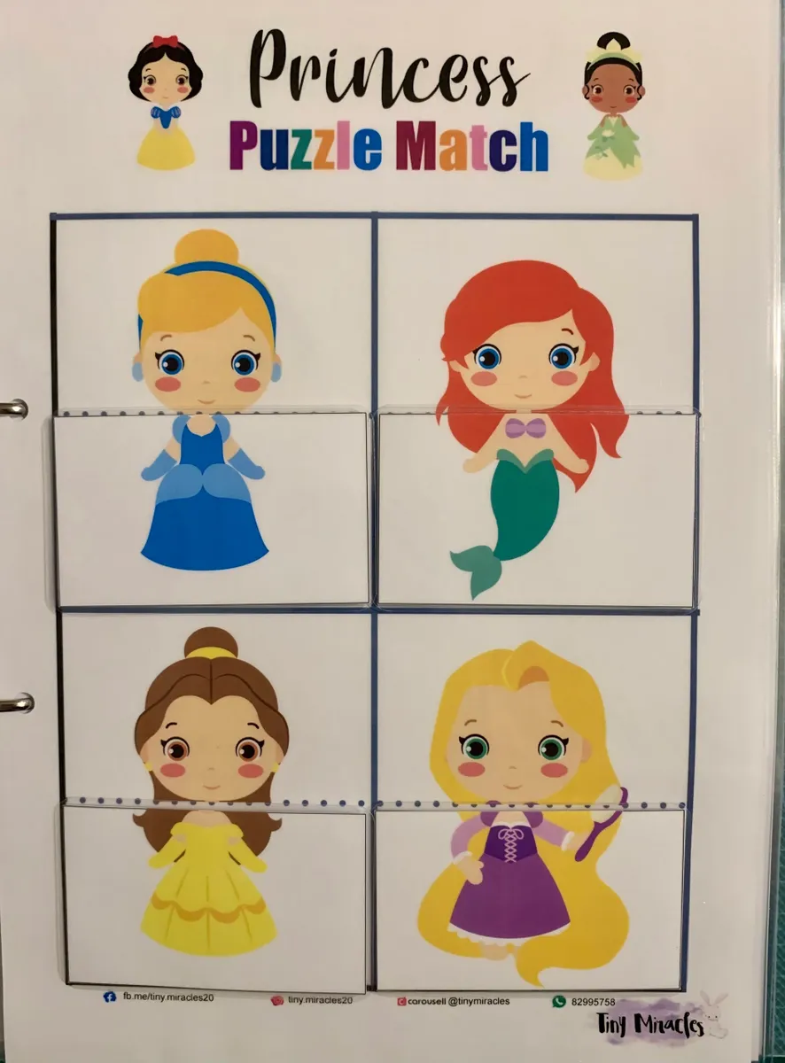 Princess Puzzle Match game with cartoon princesses on laminated sheet