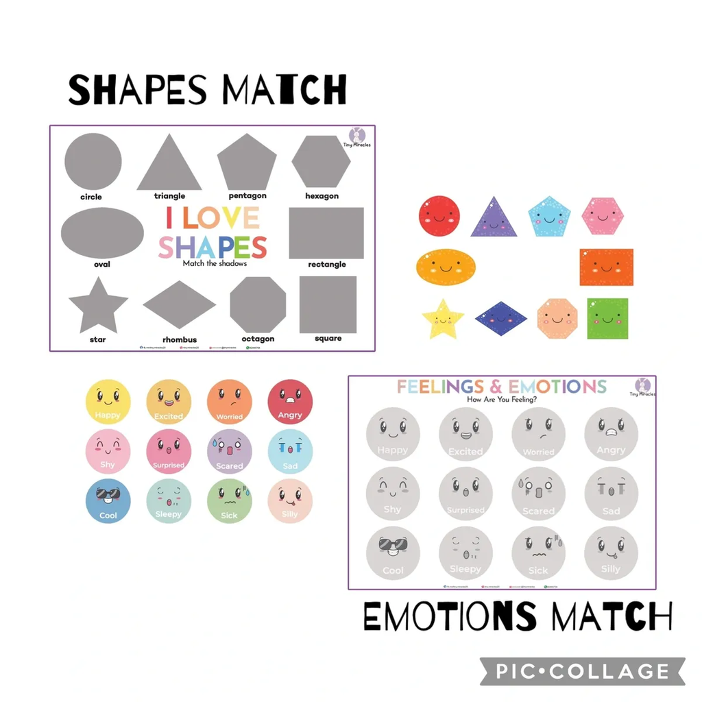 Educational materials for shapes and emotions with colorful graphics on a white background.