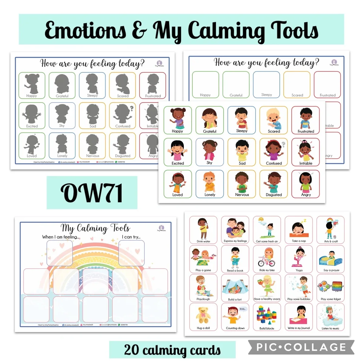 Emotions and Calming Tools worksheet with illustrations and text on a white background