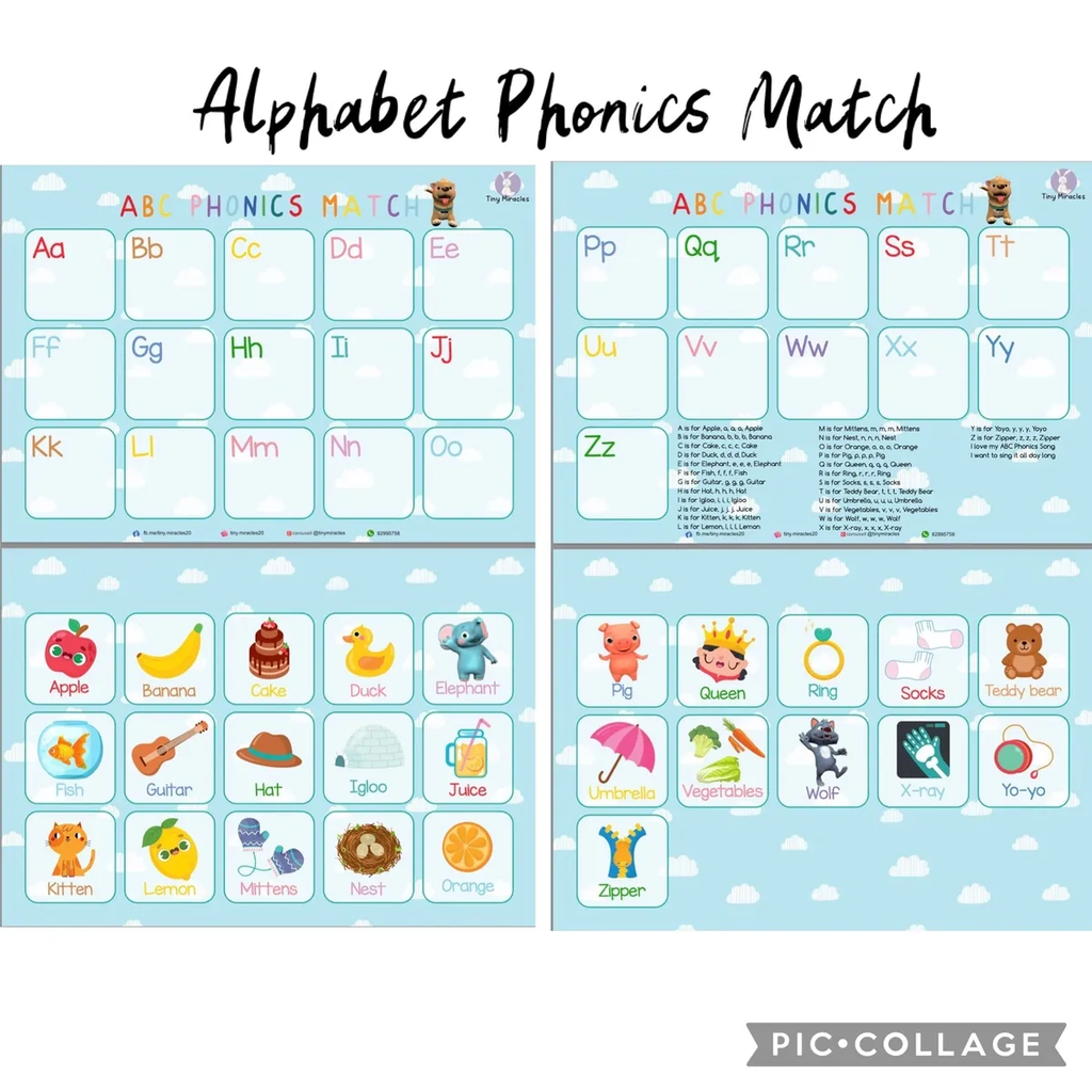 Alphabet Phonics Match educational chart with letters and pictures on a blue background