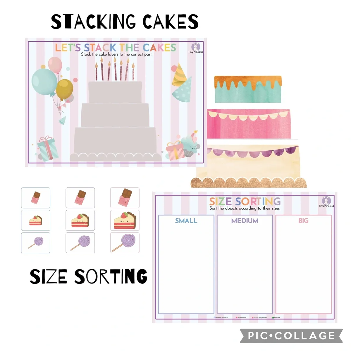 Educational materials for stacking and sorting cakes with colorful graphics on a white background.