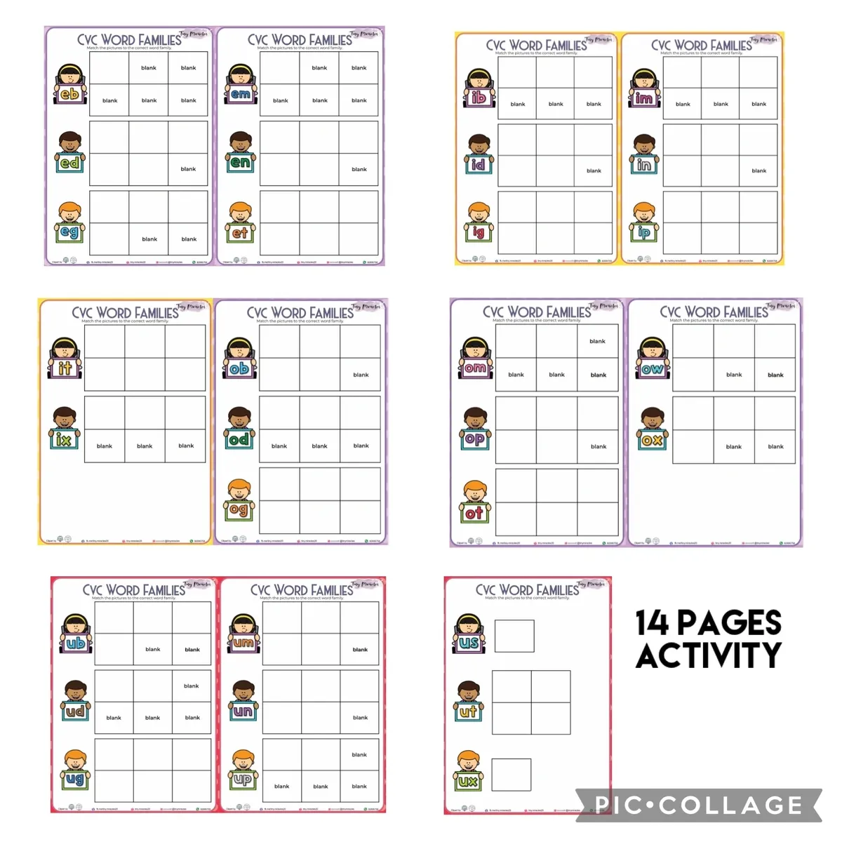 CVC Word Families Picture and Word Match