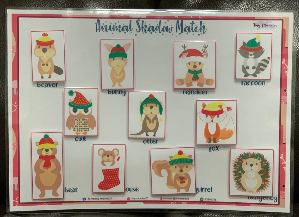 Animal Shadow Match game with cartoon animals and their shadows on a white background.