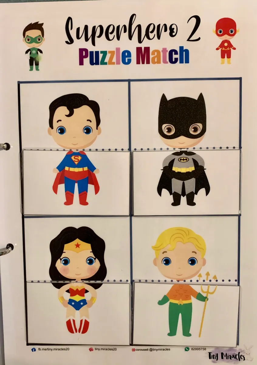 Superhero themed puzzle match game with cartoon characters on a white background