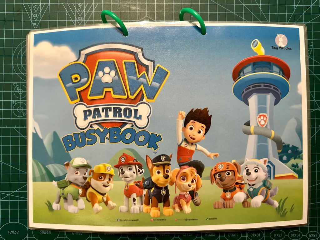 Paw Patrol BusyBook with characters and a lighthouse on a green grid background