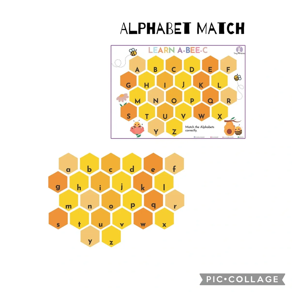 Hexagonal alphabet matching game with a bee theme on a white background